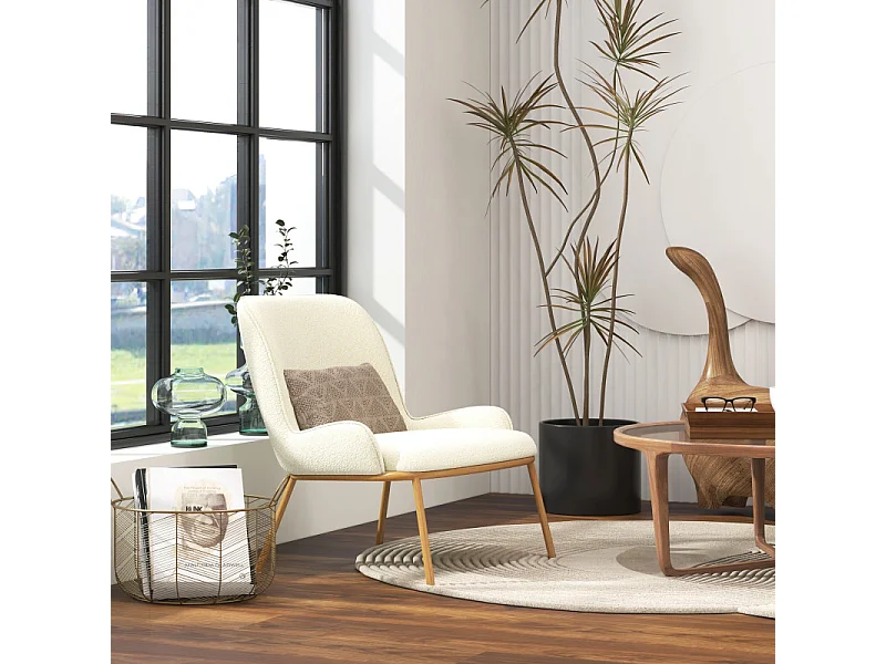 ALVIN-Fauteuil vintage en tissu Bouclé Ecru et métal chêne