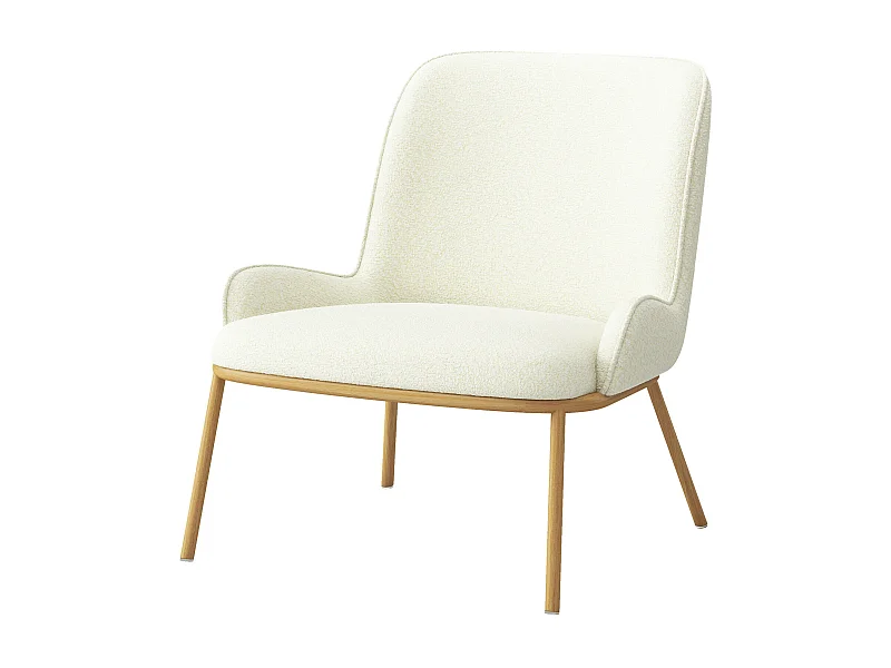 ALVIN-Fauteuil vintage en tissu Bouclé Ecru et métal chêne