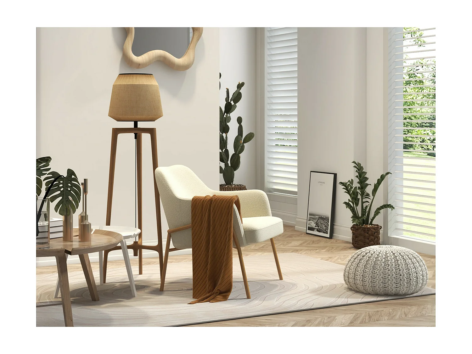 LAYTON-Poltrona bouclé ecrù e metallo effetto rovere