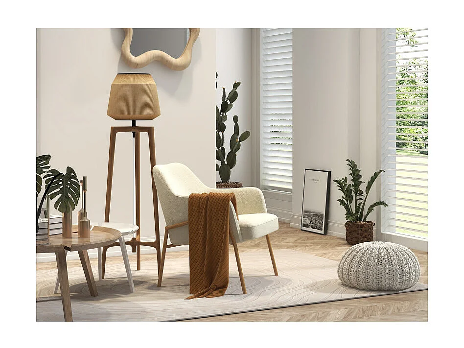 LAYTON-Poltrona bouclé ecrù e metallo effetto rovere