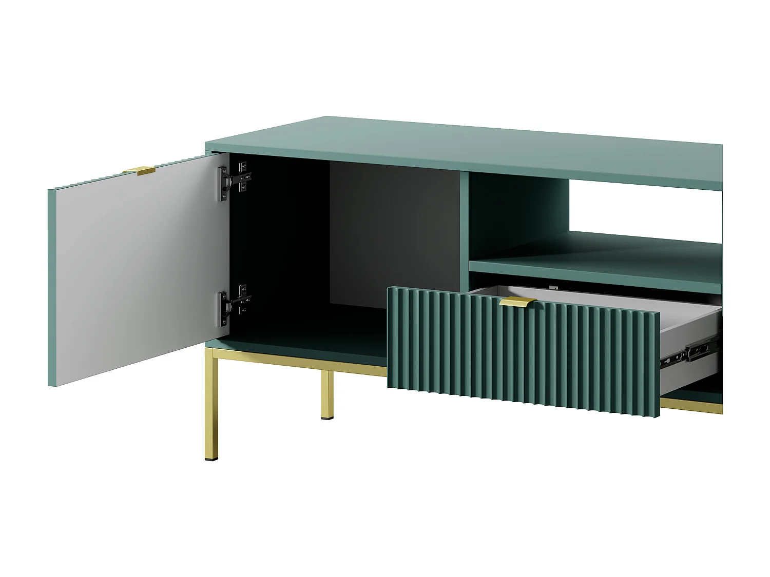 Meuble TV Geriffelt NOVA Poignées dorées 2 portes, tiroir, étagère 154x56x39cm, Façade noire, Cadre doré couleur LABRADOR