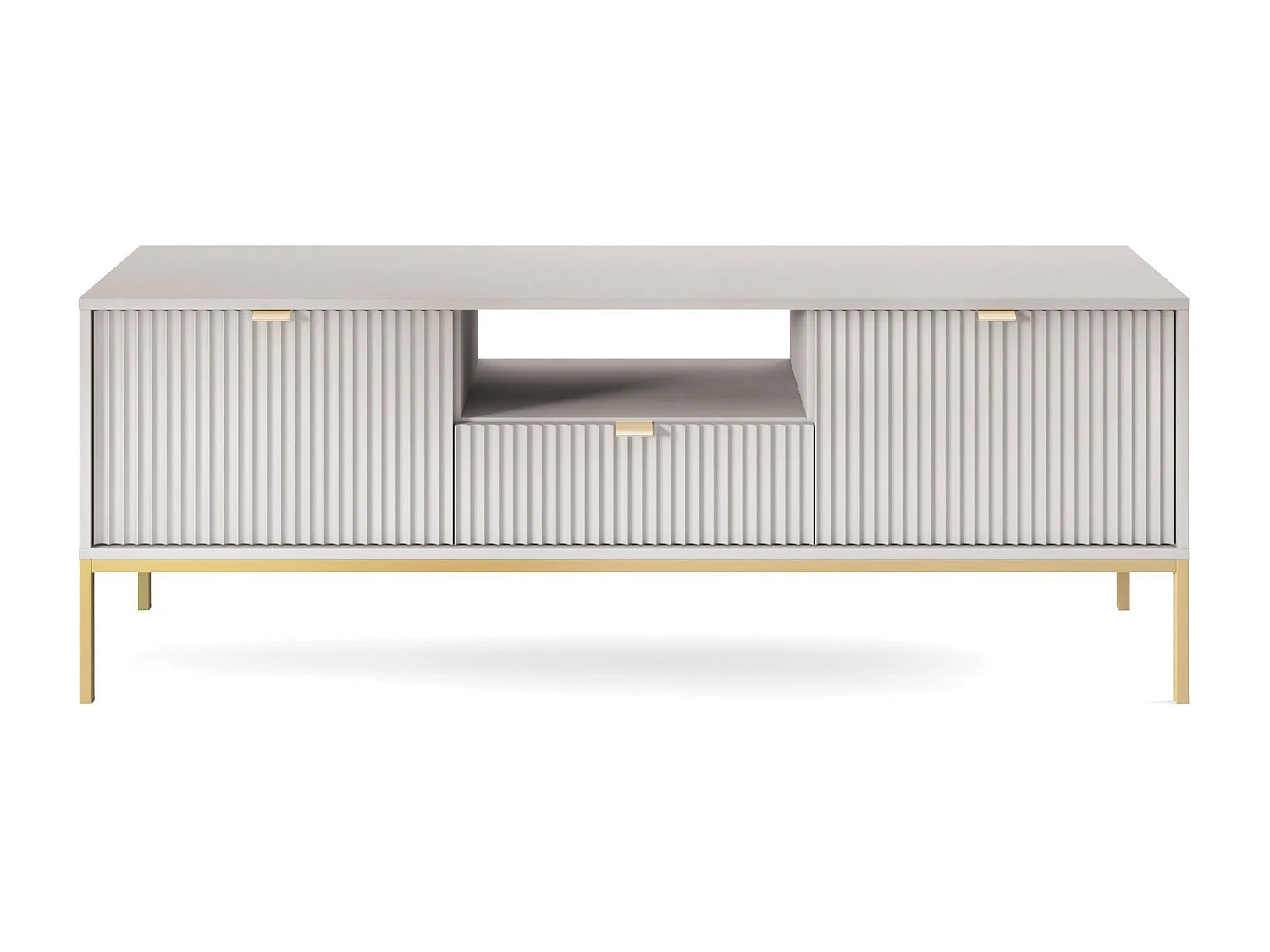 Meuble TV Geriffelt NOVA Poignées dorées 2 portes, tiroir, étagère 154x56x39cm, Façade noire, Cadre doré couleur GRIS