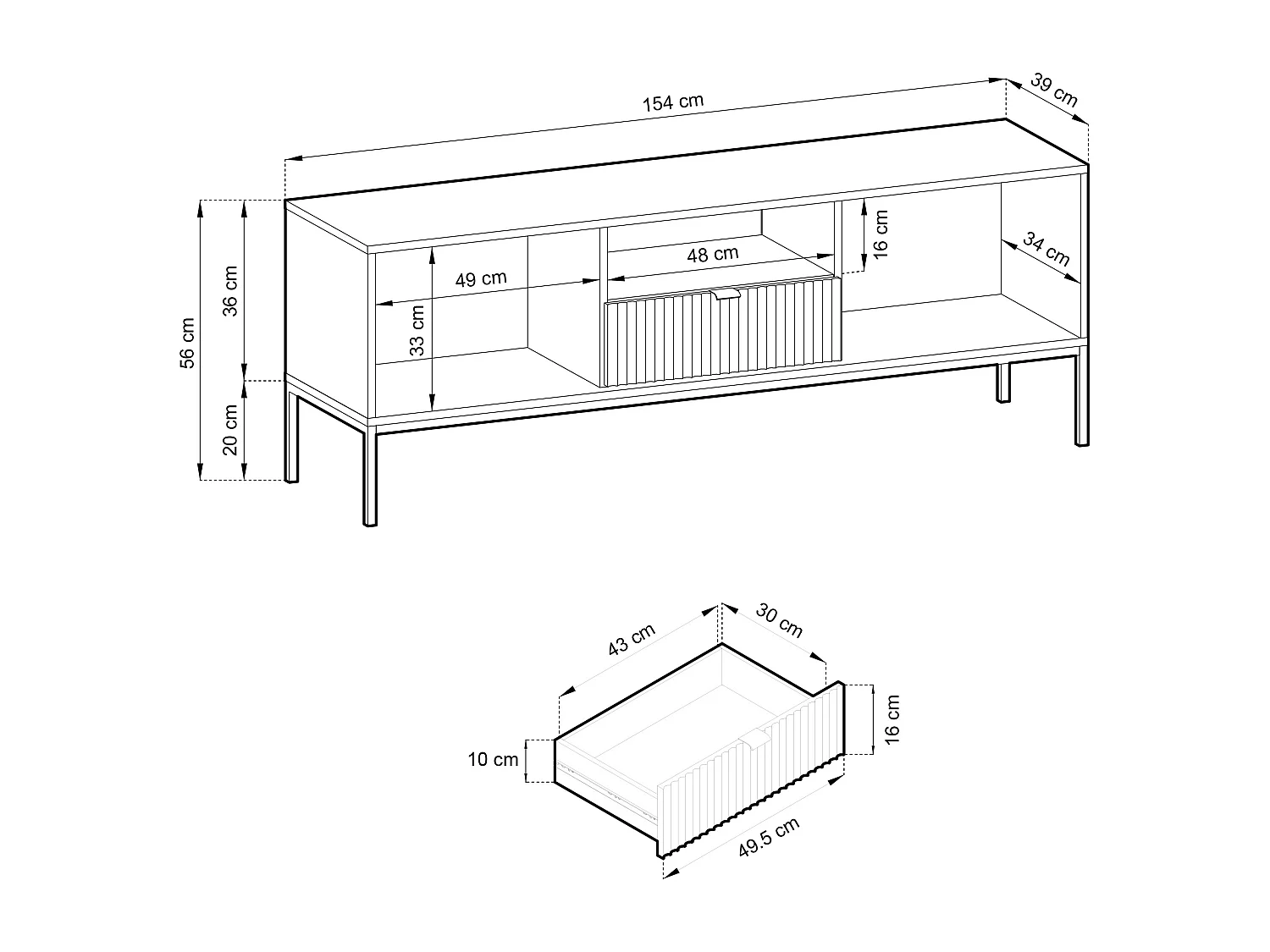 TV-meubel Geriffelt NOVA Gouden handgrepen 2 deuren, lade, plank 154x56x39cm, Zwarte voorkant, Gouden grijze lijst