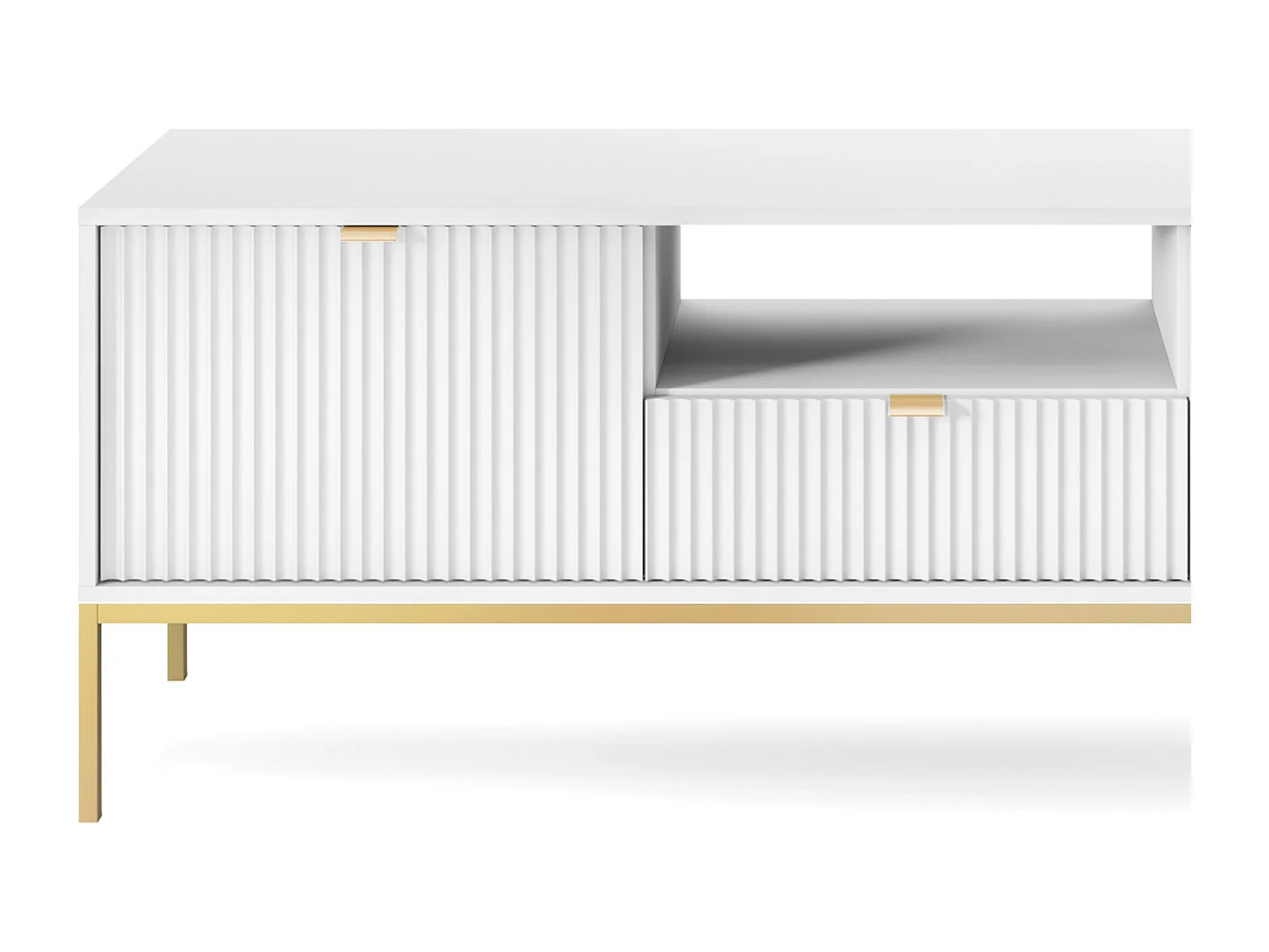 Meuble TV Geriffelt NOVA Poignées dorées 2 portes, tiroir, étagère 154x56x39cm, Façade noire, Cadre doré couleur BLANC