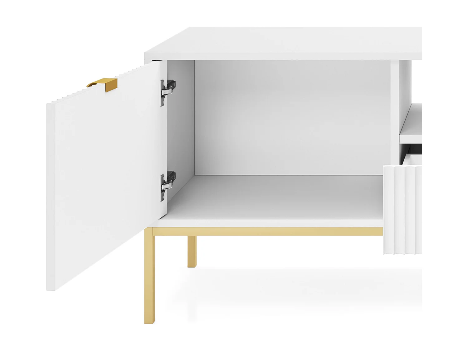 Meuble TV Geriffelt NOVA Poignées dorées 2 portes, tiroir, étagère 154x56x39cm, Façade noire, Cadre doré couleur BLANC