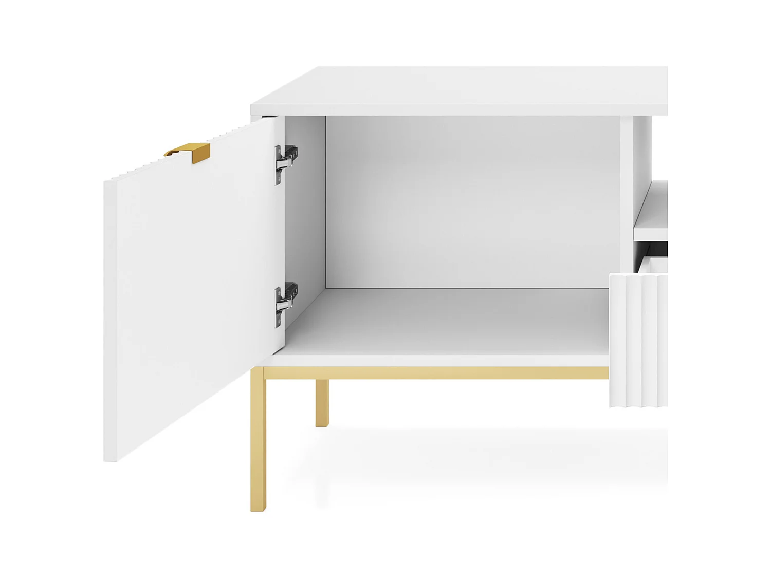 Meuble TV Geriffelt NOVA Poignées dorées 2 portes, tiroir, étagère 154x56x39cm, Façade noire, Cadre doré couleur BLANC