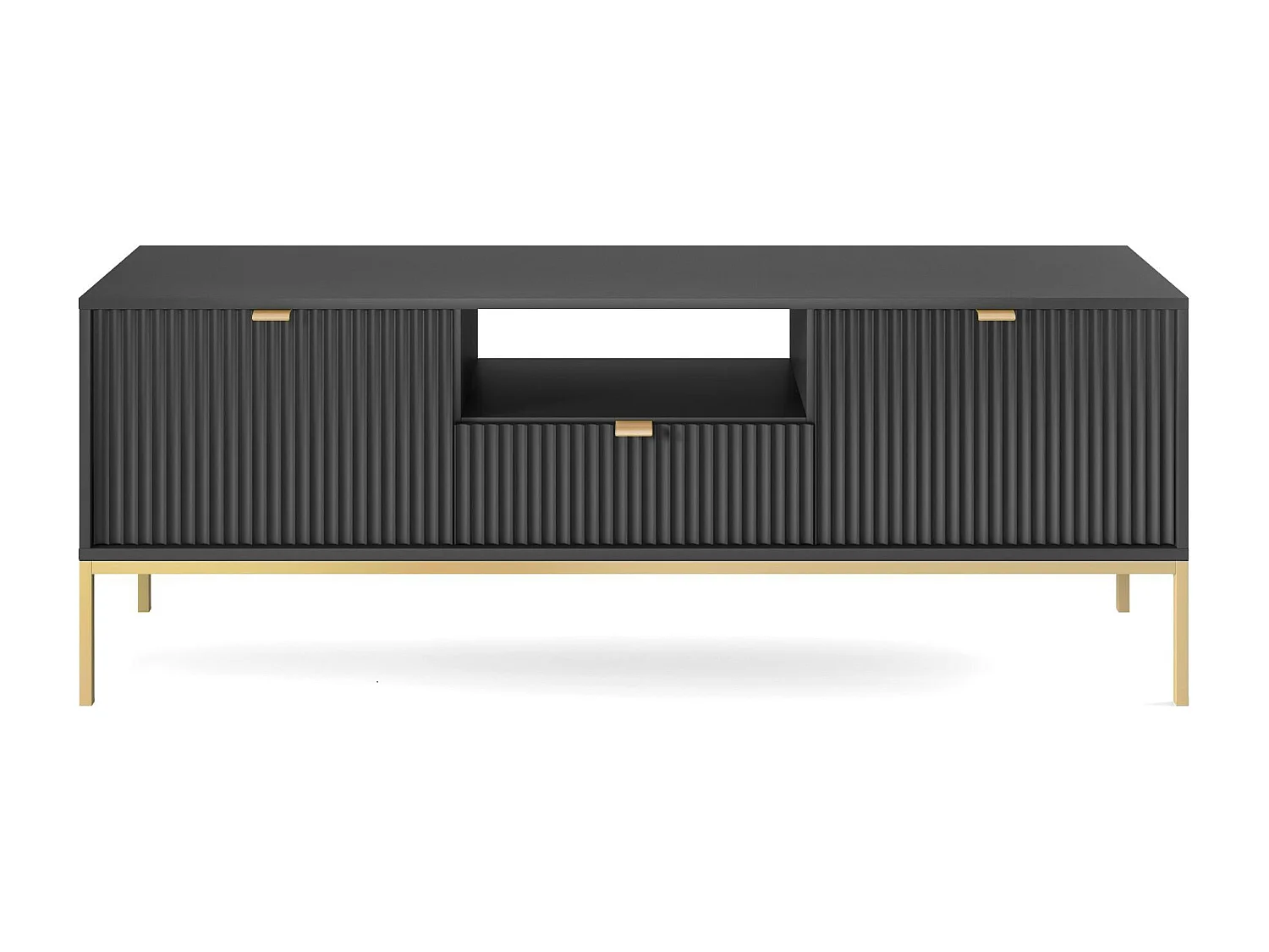 Meuble TV Geriffelt NOVA Poignées dorées 2 portes, tiroir, étagère 154x56x39cm, Façade noire, Cadre doré couleur NOIR