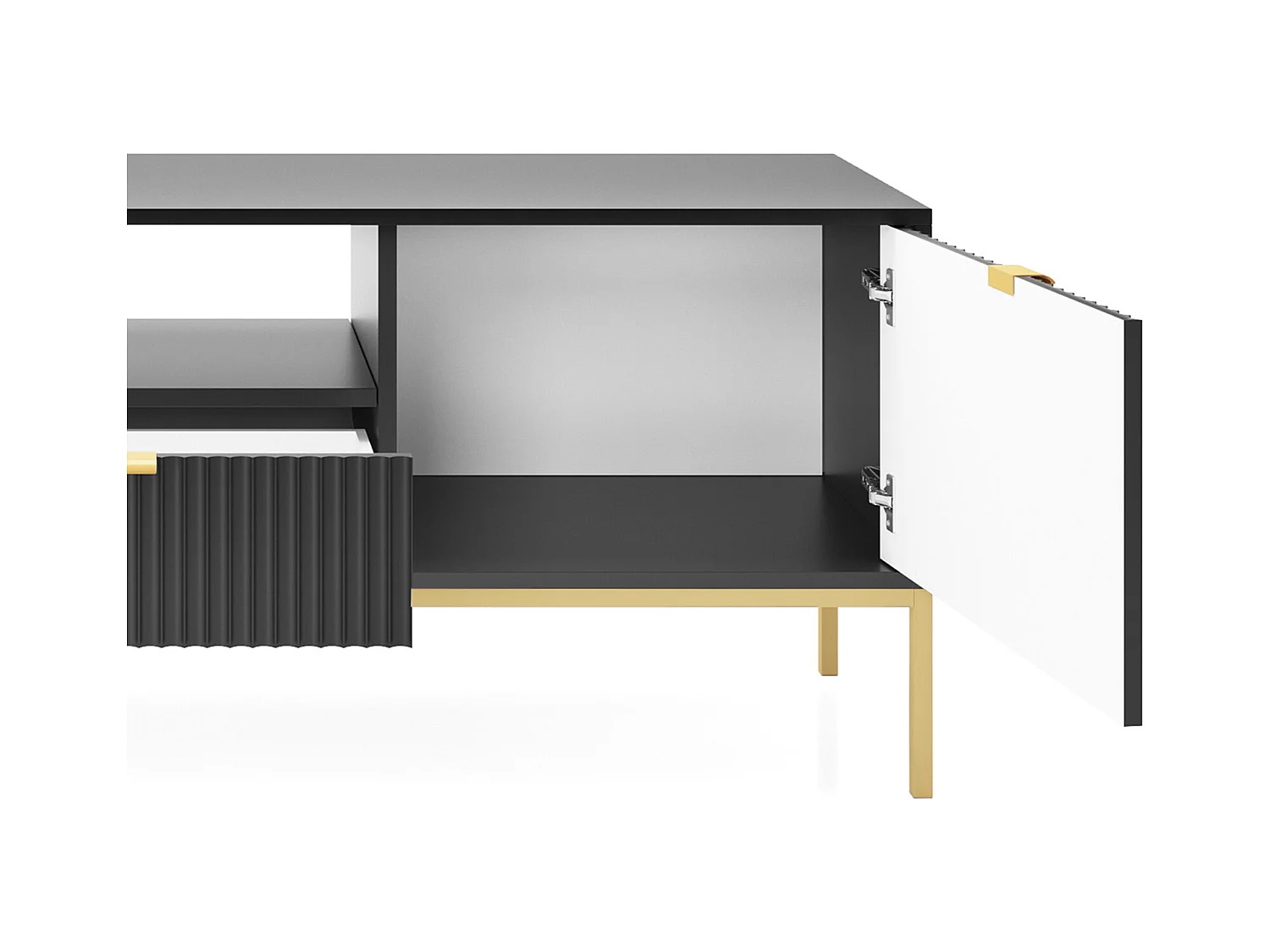 Meuble TV Geriffelt NOVA Poignées dorées 2 portes, tiroir, étagère 154x56x39cm, Façade noire, Cadre doré couleur NOIR