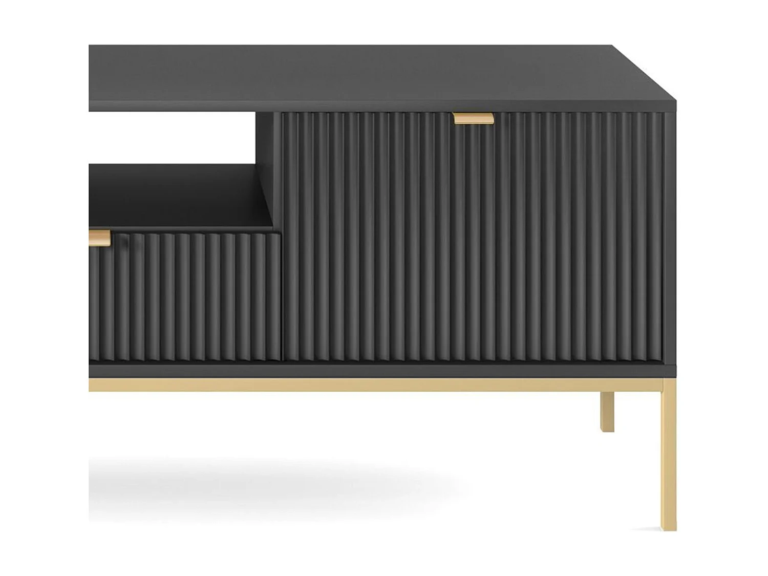 Meuble TV Geriffelt NOVA Poignées dorées 2 portes, tiroir, étagère 154x56x39cm, Façade noire, Cadre doré couleur NOIR