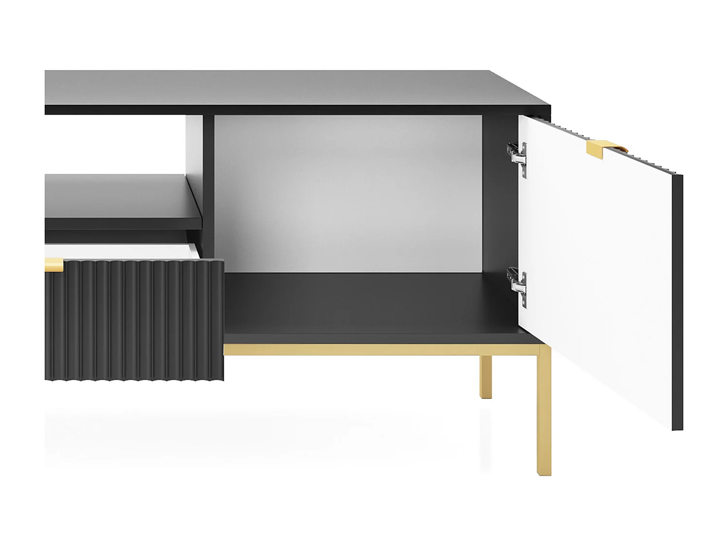 Meuble TV Geriffelt NOVA Poignées dorées 2 portes, tiroir, étagère 154x56x39cm, Façade noire, Cadre doré couleur NOIR