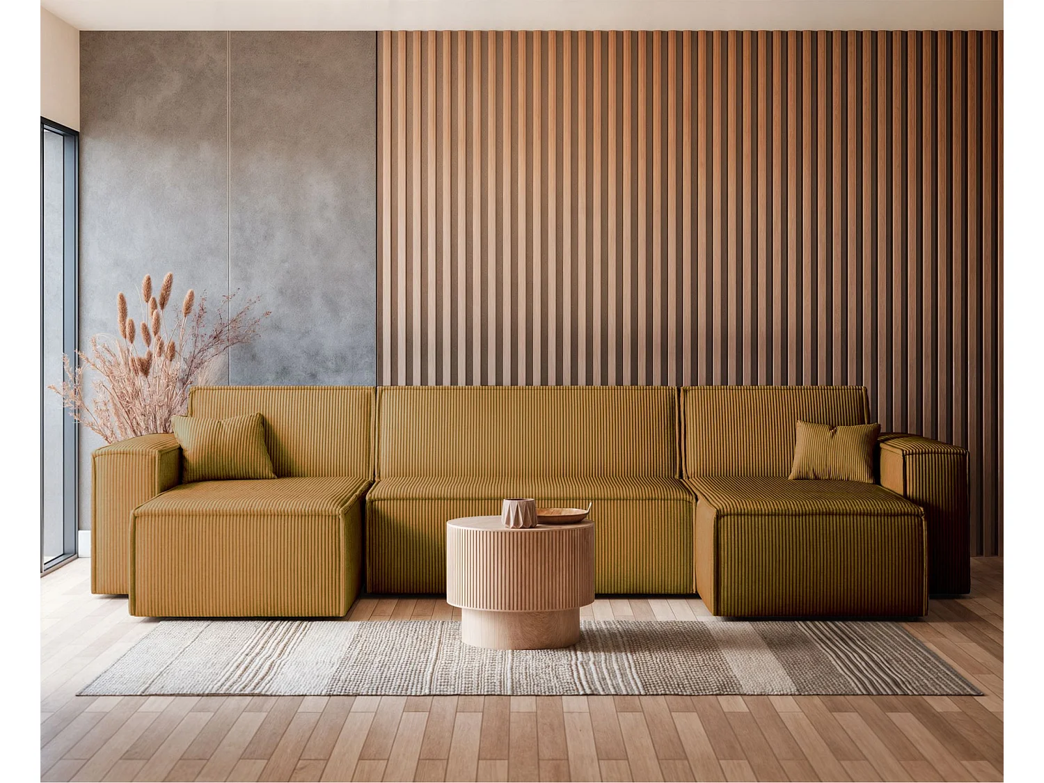 Omvormbare U-vormige hoekbank - in mosterdgeel corduroy - SCARLO