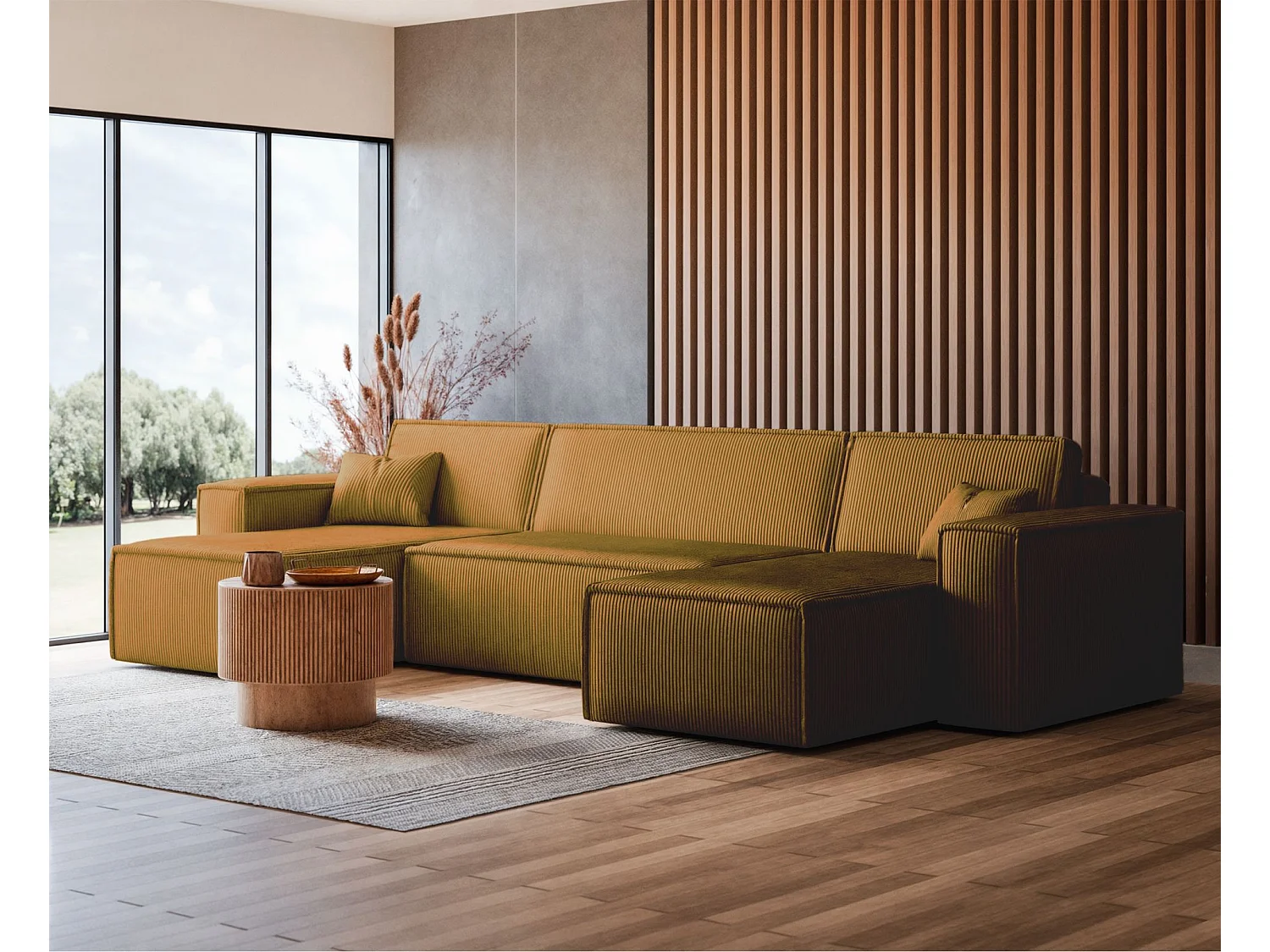 Omvormbare U-vormige hoekbank - in mosterdgeel corduroy - SCARLO