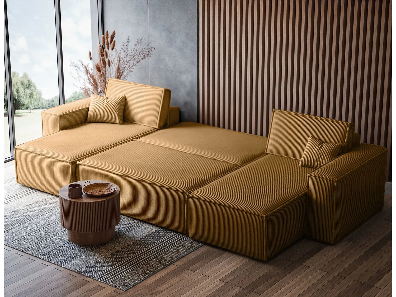 Omvormbare U-vormige hoekbank - in mosterdgeel corduroy - SCARLO