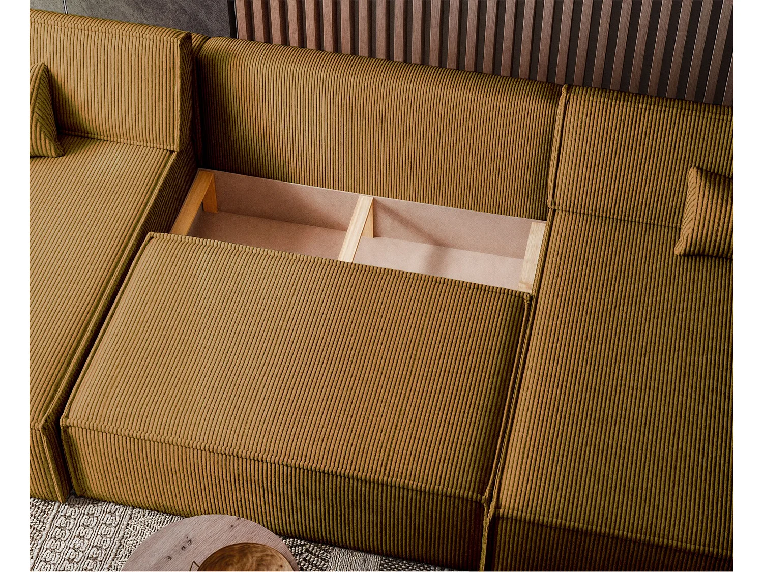 Canapé d'angle U convertible - en velours côtelé moutarde - SCARLO