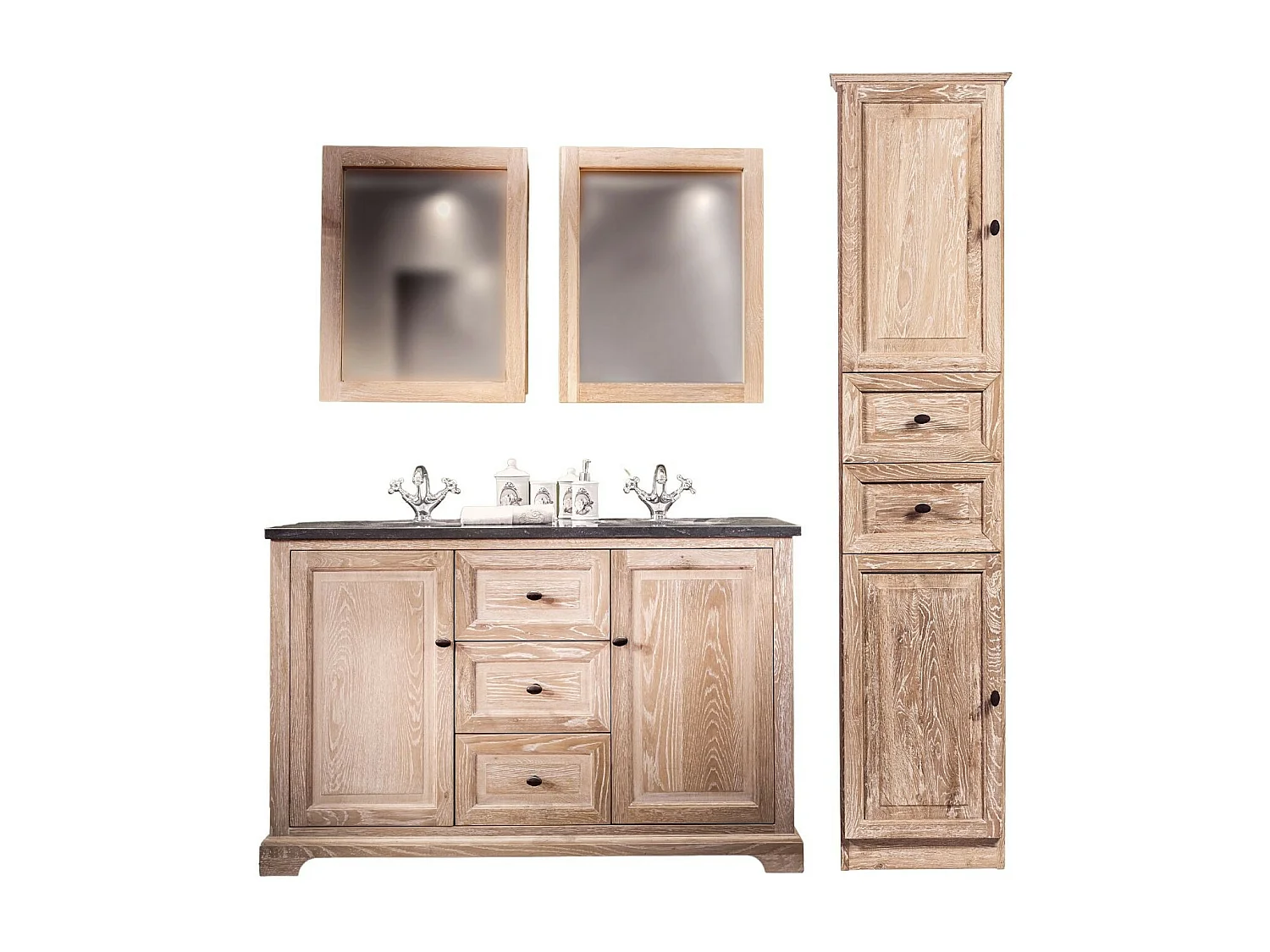 Meuble de salle de bain en chêne blanchi + colonne (ensemble) - VIENNE II