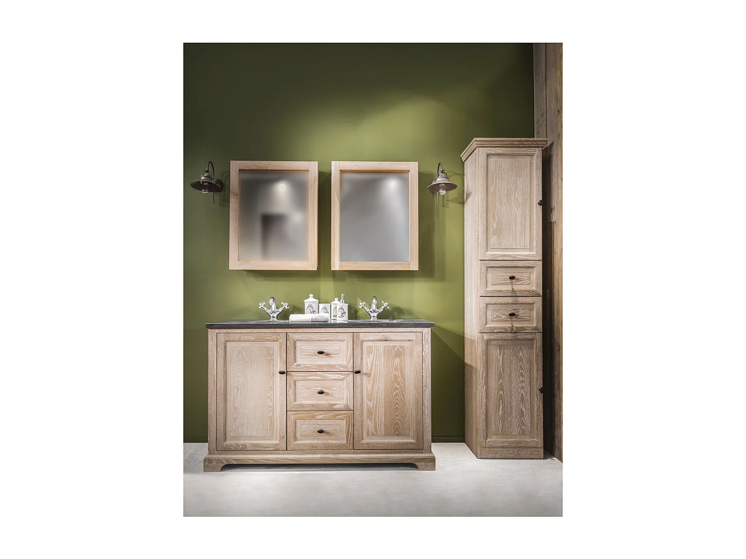 Meuble de salle de bain en chêne blanchi + colonne (ensemble) - VIENNE II