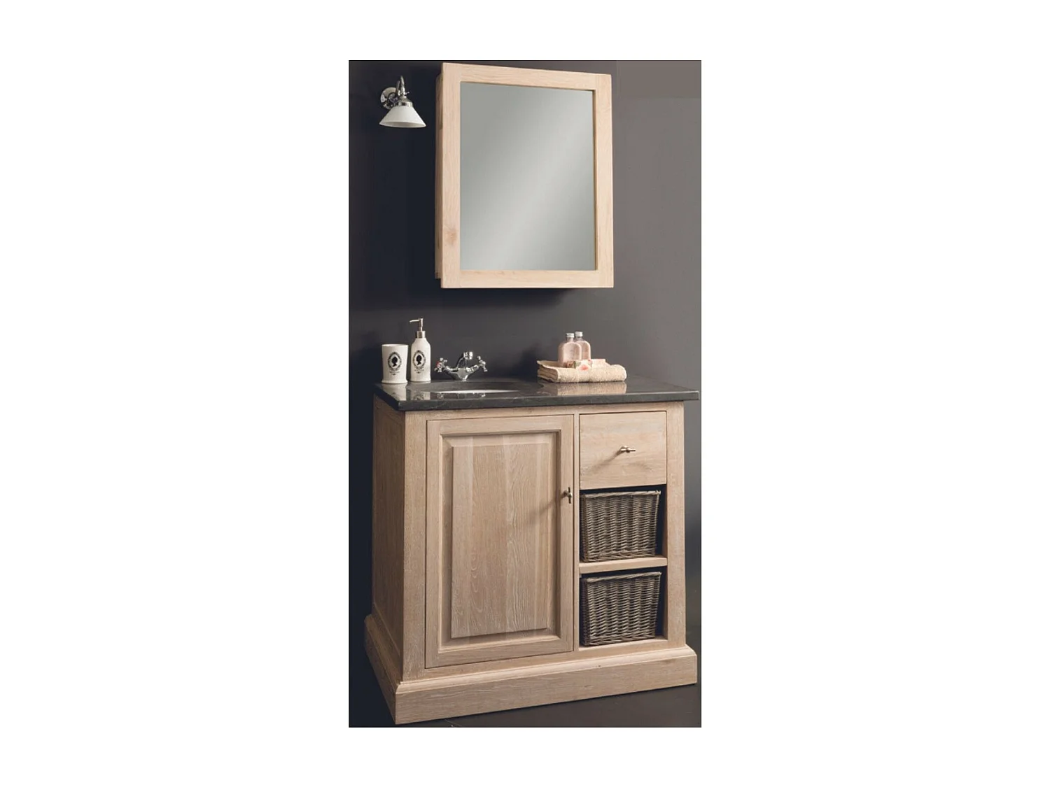 Meuble simple vasque plan en pierre et miroir L90 (ensemble) - VÉRONE