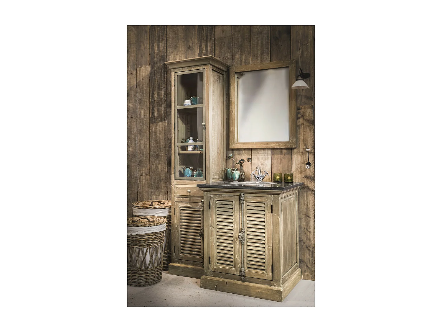 Meuble simple vasque en bois plan en pierre et miroir (ensemble) - HANOÏ