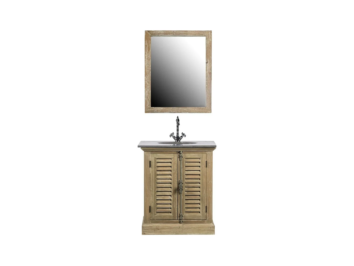 Meuble simple vasque en bois plan en pierre et miroir (ensemble) - HANOÏ