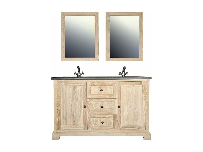 Meuble double vasque en chêne blanchie L140 et 2 miroirs (ensemble) - VIENNE II