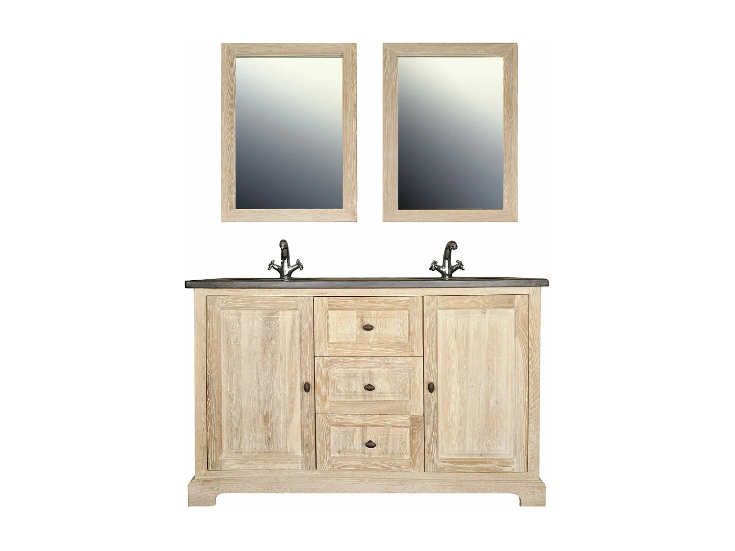 Meuble double vasque en chêne blanchie L140 et 2 miroirs (ensemble) - VIENNE II