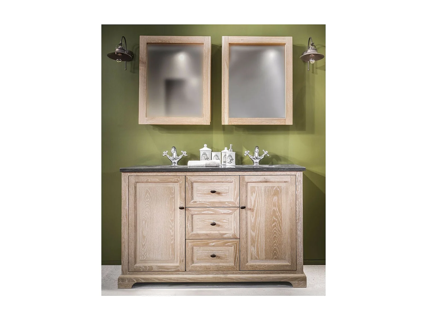 Meuble double vasque en chêne blanchie L140 et 2 miroirs (ensemble) - VIENNE II