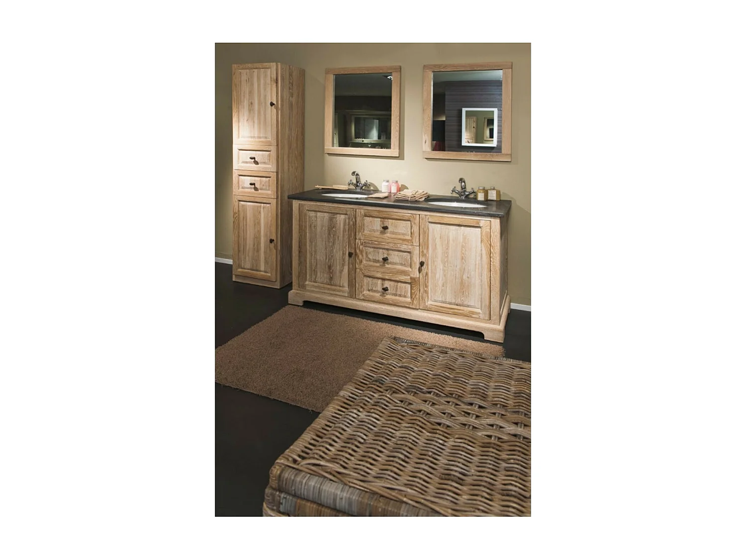 Meuble double vasque en chêne blanchie L140 et 2 miroirs (ensemble) - VIENNE II