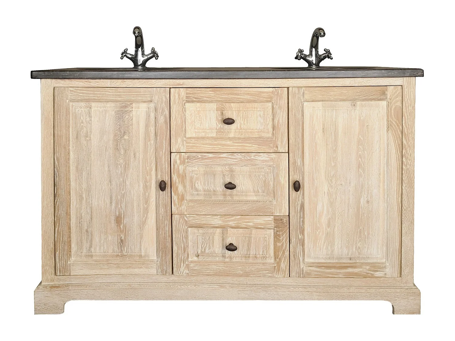 Meuble double vasque en chêne blanchie L140 et 2 miroirs (ensemble) - VIENNE II