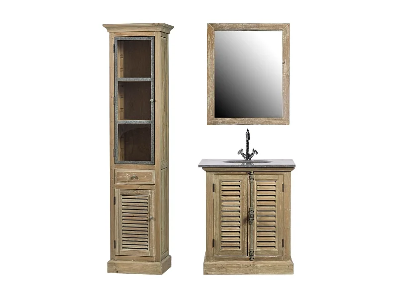 Meuble simple vasque en bois avec miroir et colonne (ensemble) - HANOÏ
