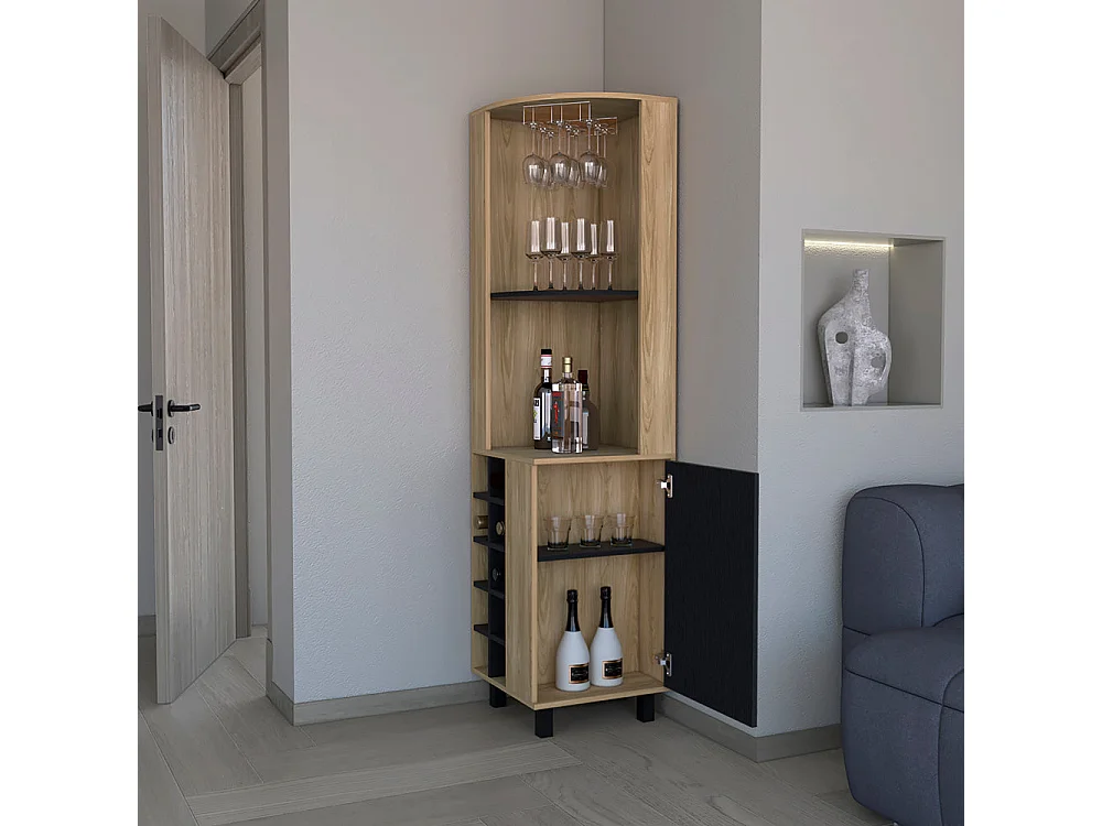 Armário de bar em melamina Kaia com 3 prateleiras, 9 suportes para copos, 10 suportes para garrafas, multicolor, 180 cm X 45 cm X 45 cm X 45 cm