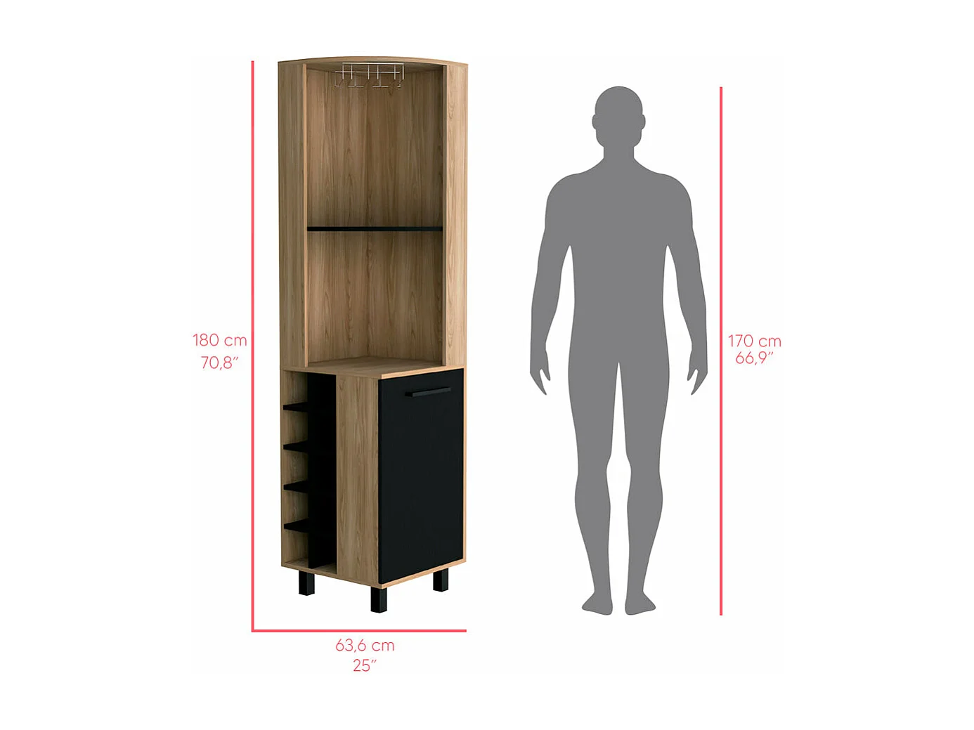 Mobile bar Kaia in melamina con 3 ripiani, 9 portabicchieri, 10 portabottiglie e mobile inferiore, multicolore, 180 cm X 45 cm X 45 cm X 45 cm