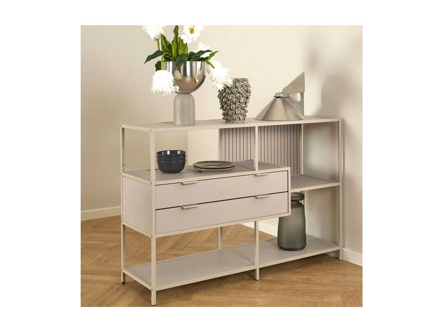 Bibliothèque basse scandinave 2 tiroirs et 3 étagères métal grège - BARRY