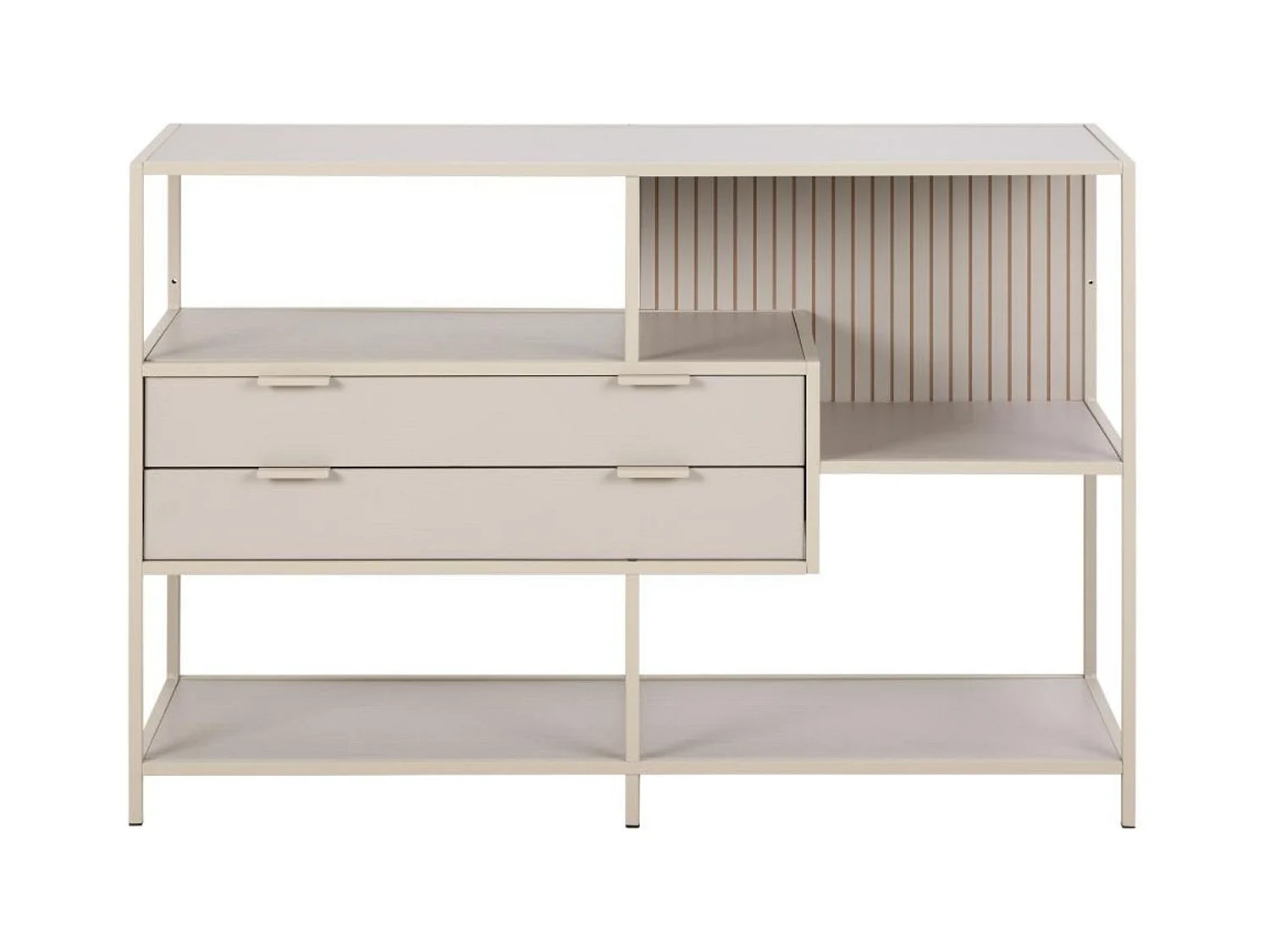 Bibliothèque basse scandinave 2 tiroirs et 3 étagères métal grège - BARRY