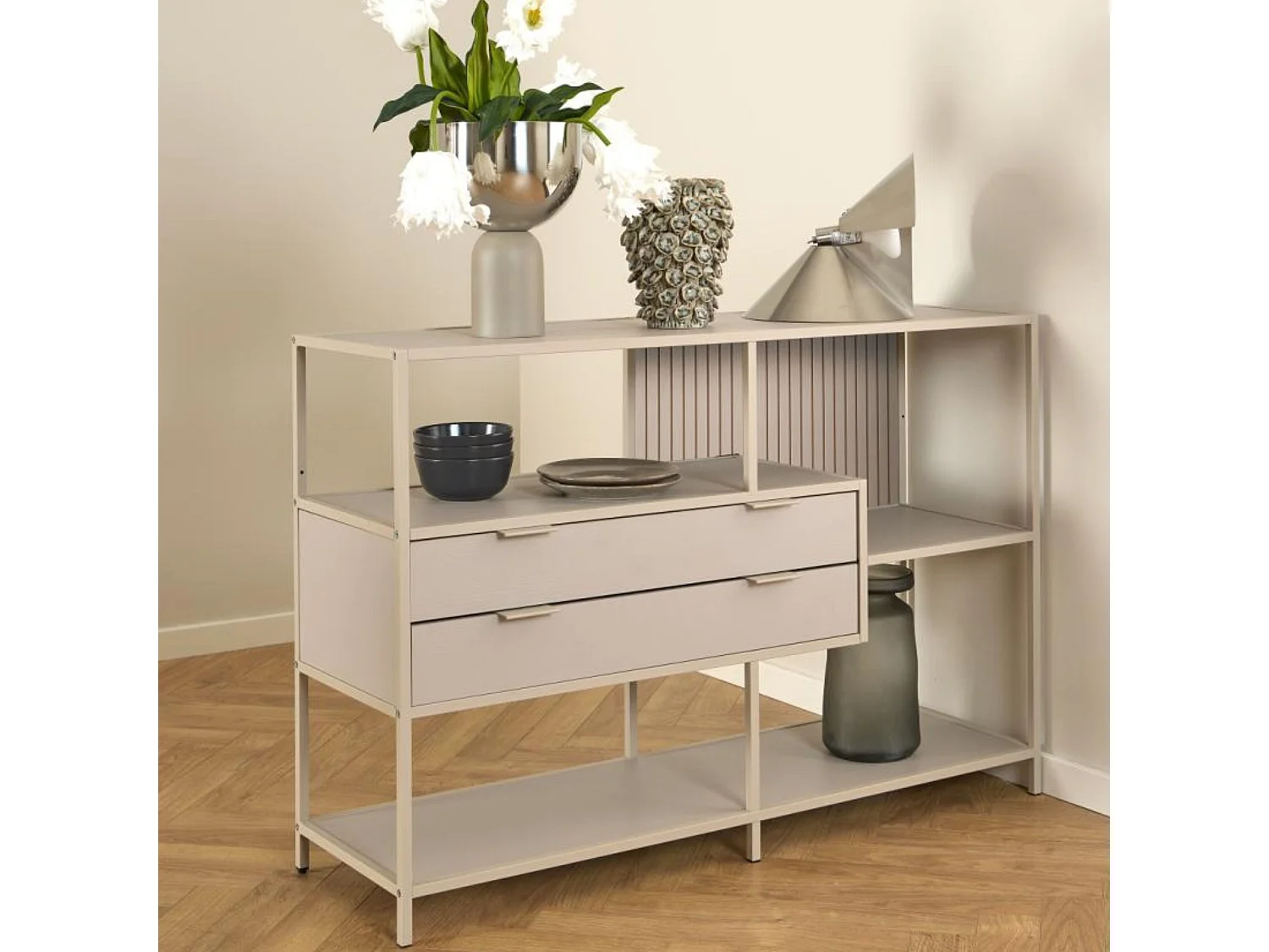 Bibliothèque basse scandinave 2 tiroirs et 3 étagères métal grège - BARRY