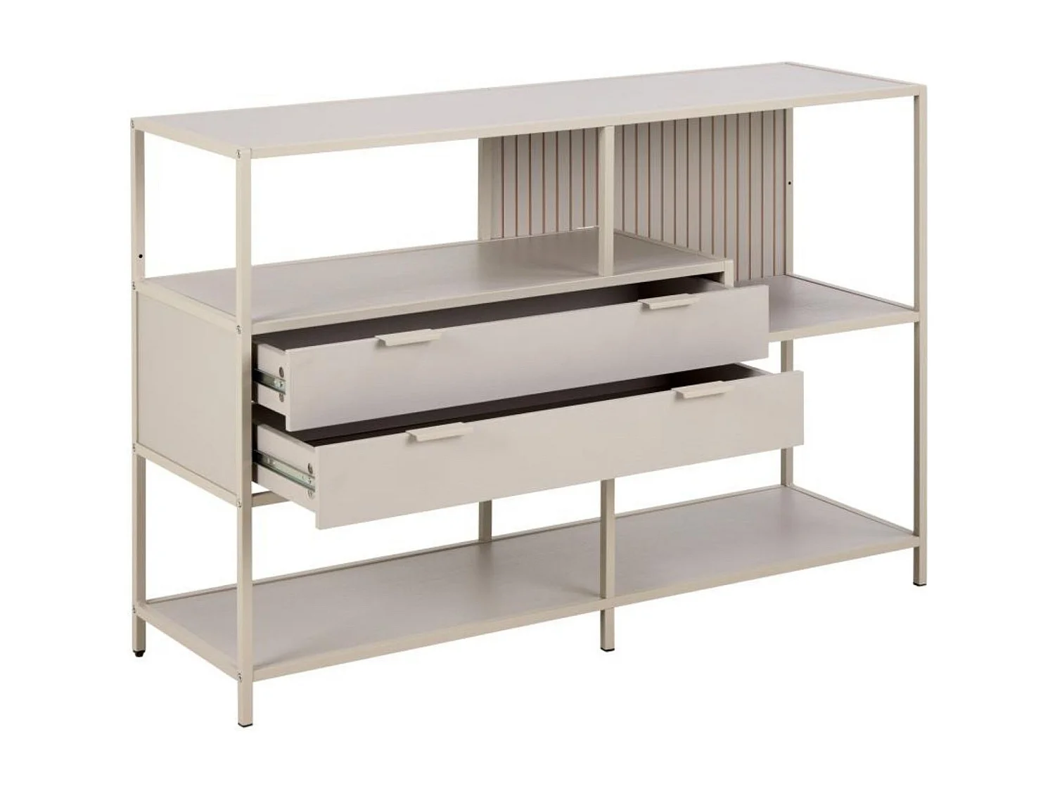 Bibliothèque basse scandinave 2 tiroirs et 3 étagères métal grège - BARRY