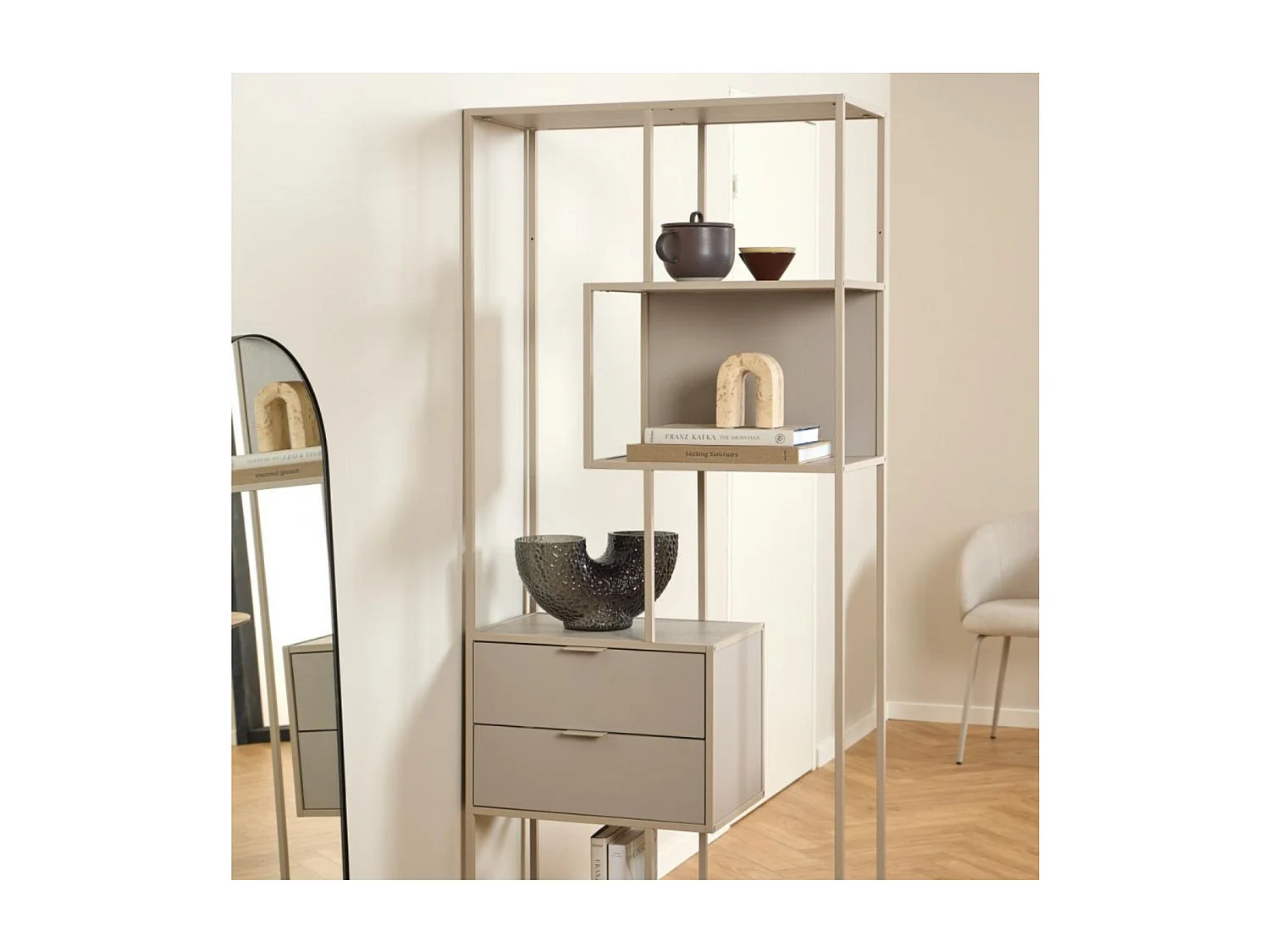 Bibliothèque scandinave en métal grège 2 tiroirs 4 étagères - BARRY