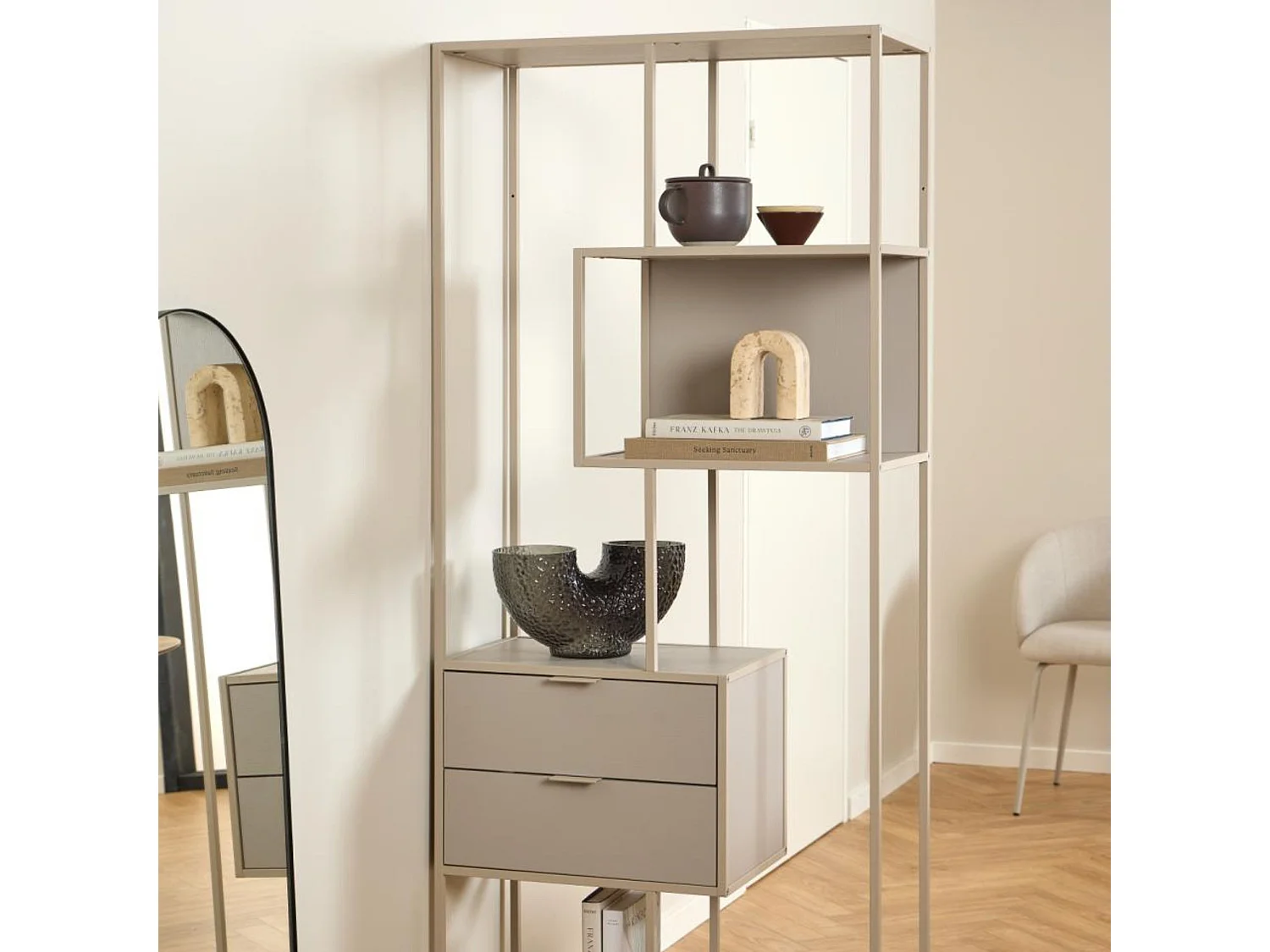 Bibliothèque scandinave en métal grège 2 tiroirs 4 étagères - BARRY