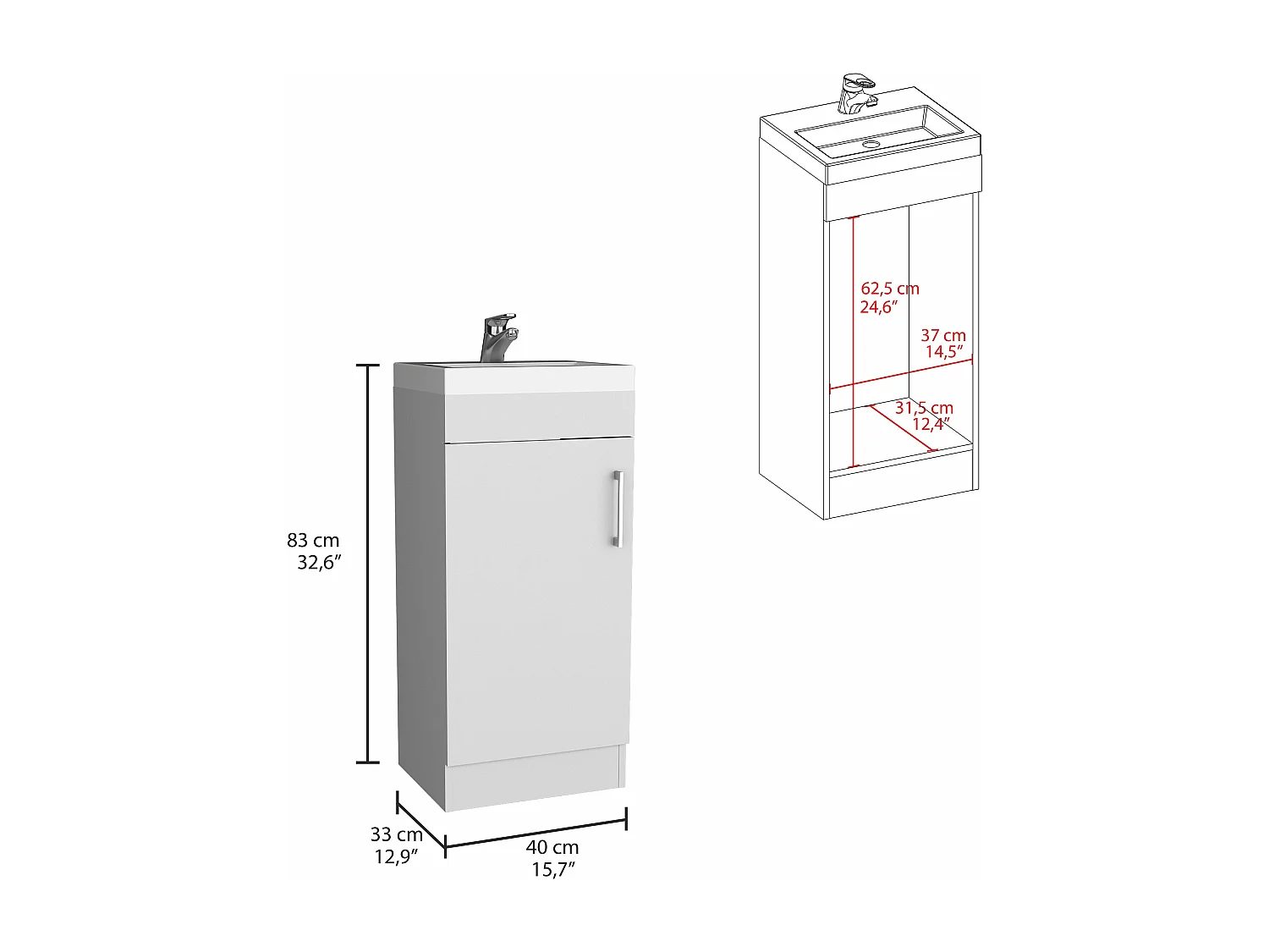 Meuble de salle de bain Madrid avec 1 porte et rangement inférieur, blanc, 83 cm X 40 cm X 33 cm