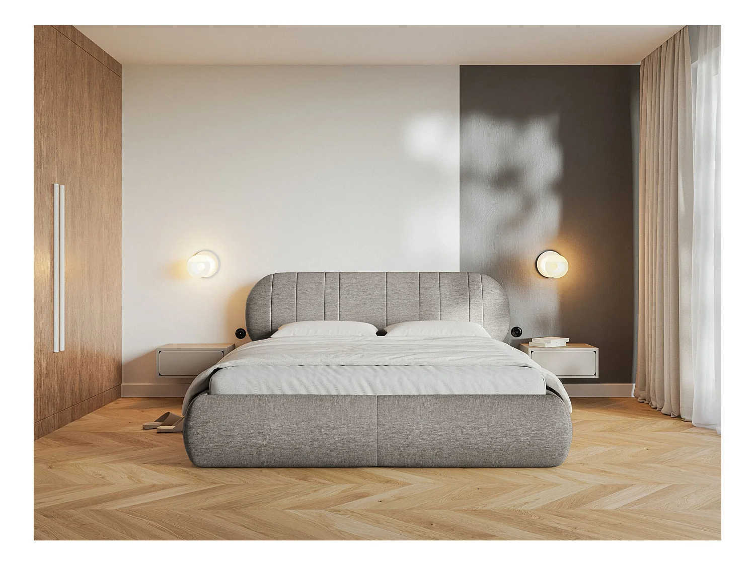 Lit rembourré - 140x200 cm - en tissu tressé gris beige - ASMELIO