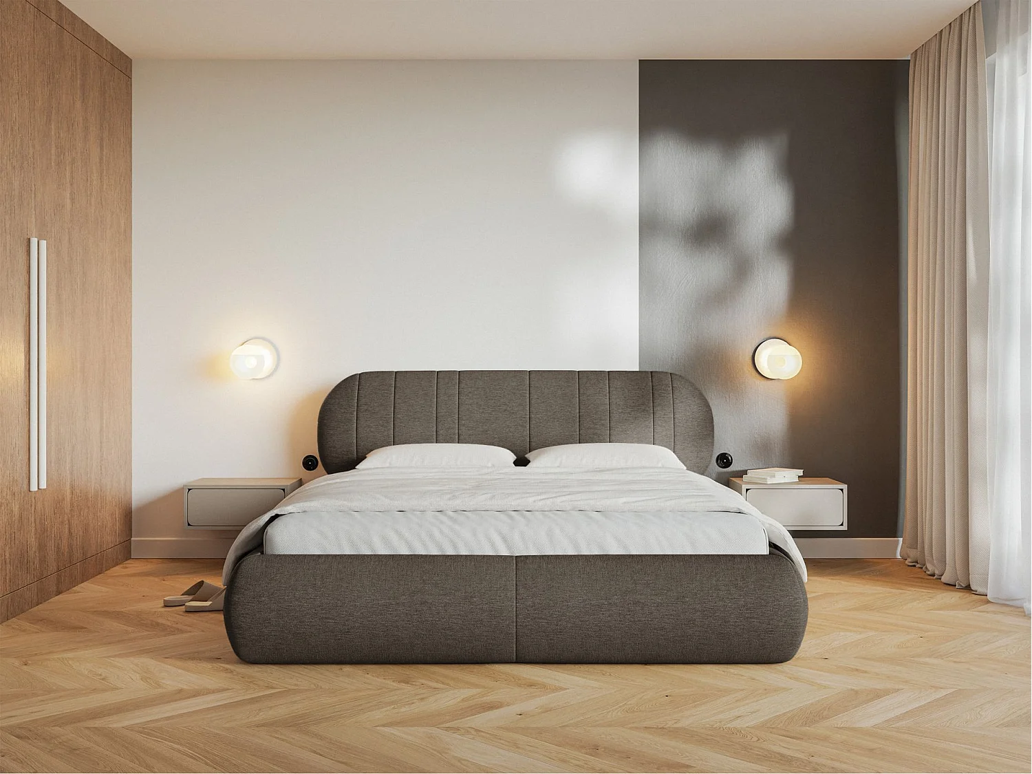 Gestoffeerd bed - 140x200 cm - in bruine geweven stof - ASMELIO