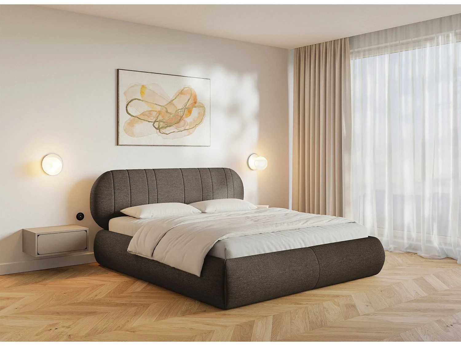Gestoffeerd bed - 140x200 cm - in bruine geweven stof - ASMELIO