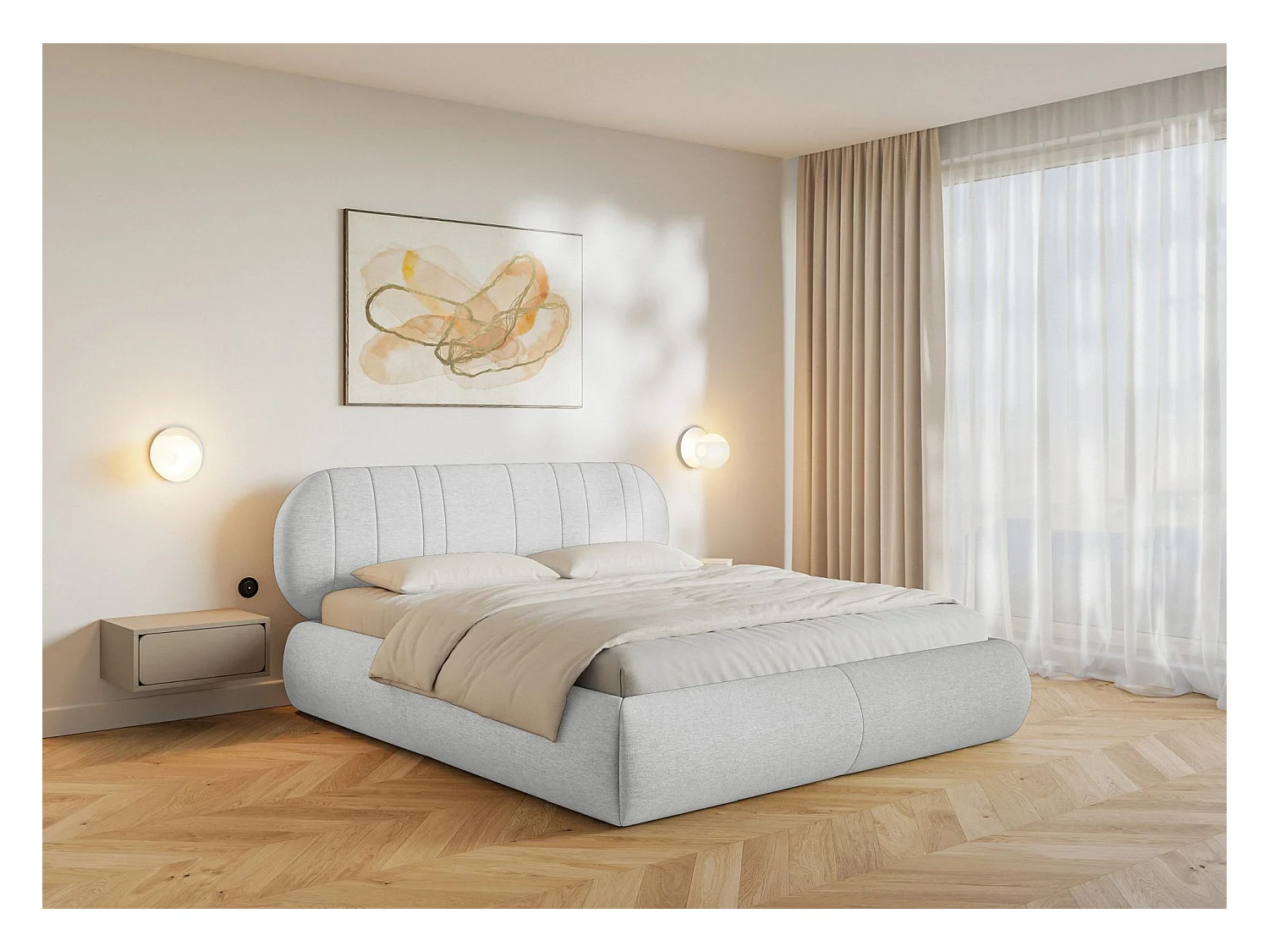 Lit rembourré - 180x200 cm - en tissu tressé gris clair - ASMELIO