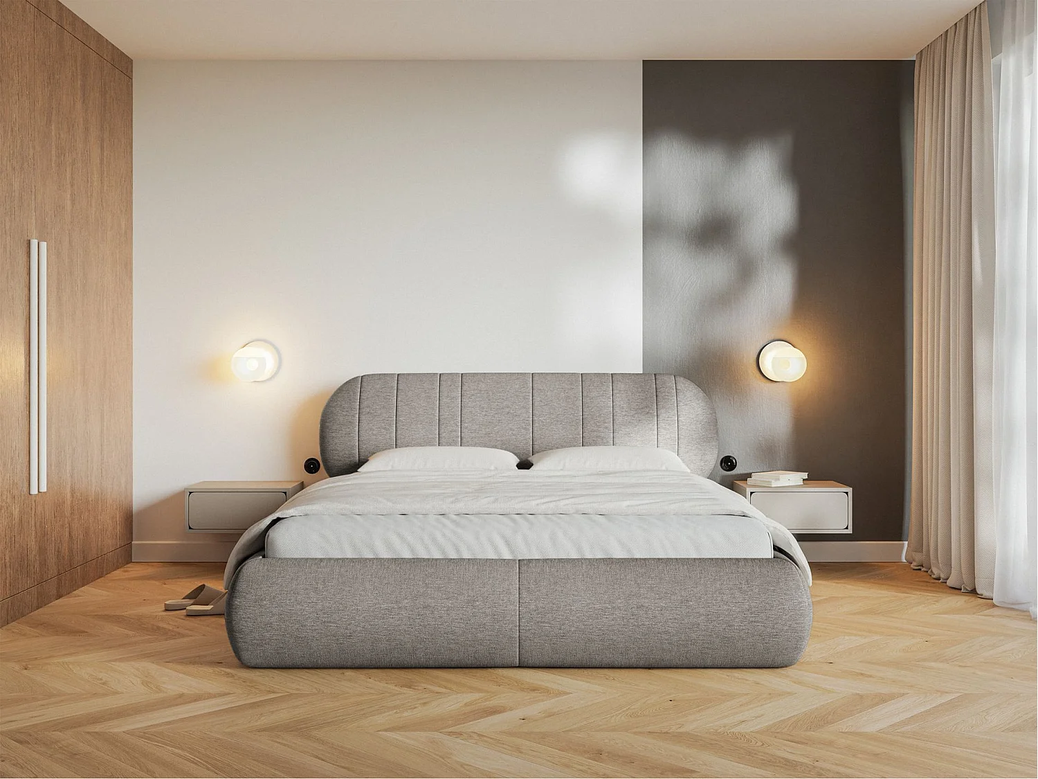 Gestoffeerd bed - 180x200 cm - in grijsbeige geweven stof - ASMELIO
