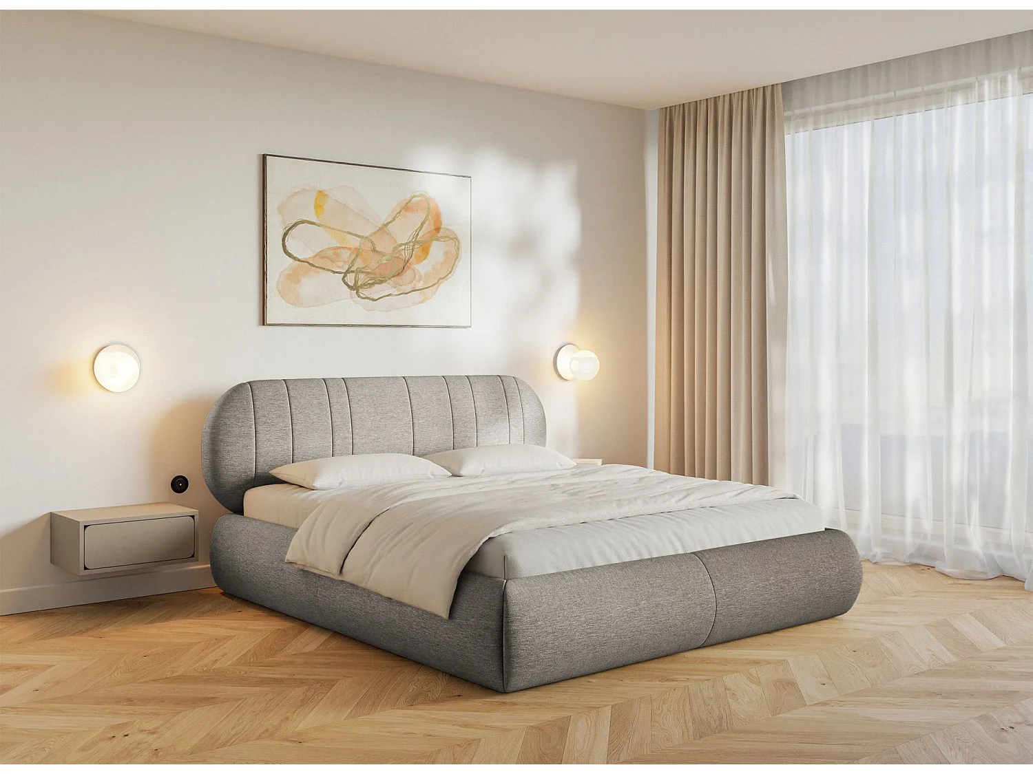Gestoffeerd bed - 180x200 cm - in grijsbeige geweven stof - ASMELIO