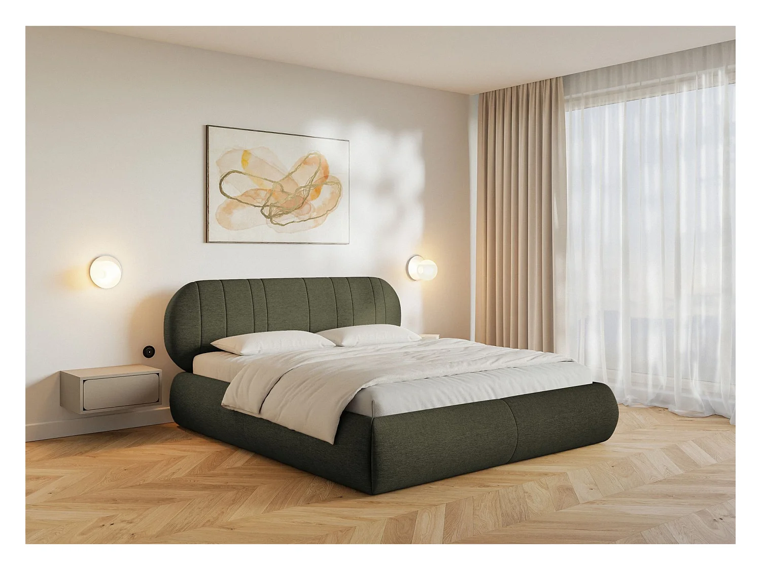 Lit rembourré - 180x200 cm - en tissu tressé vert foncé - ASMELIO