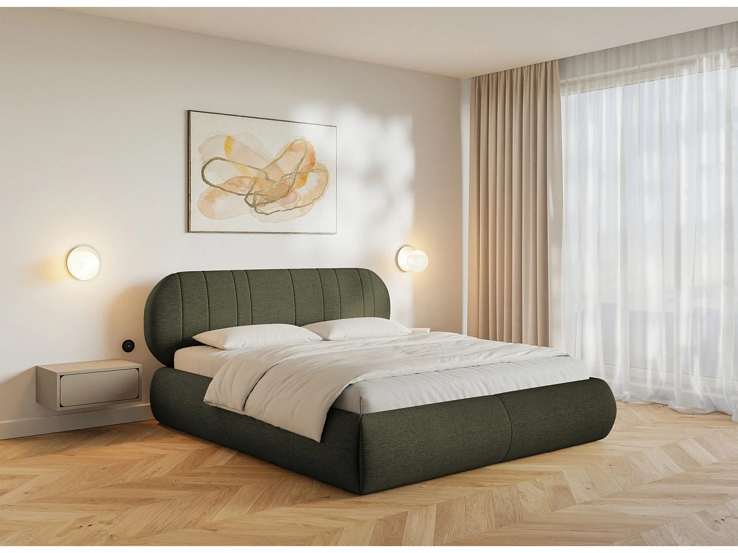 Lit rembourré - 180x200 cm - en tissu tressé vert foncé - ASMELIO