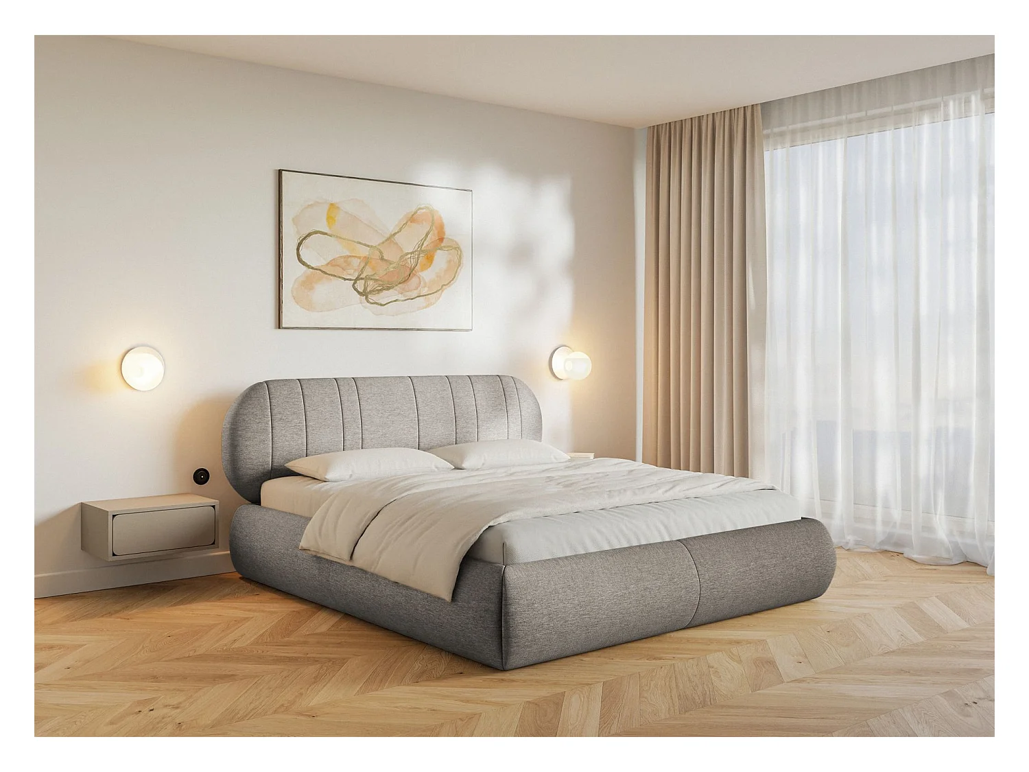 Lit rembourré - 160x200 cm - en tissu tressé gris-beige - ASMELIO