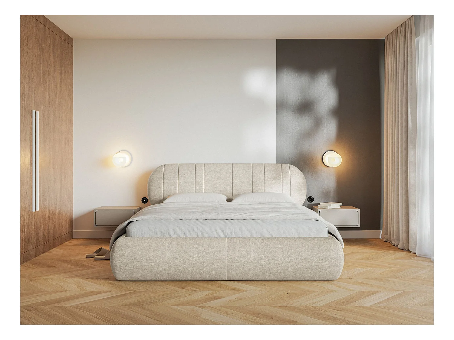 Lit rembourré - 140x200 cm - en tissu tressé beige - ASMELIO