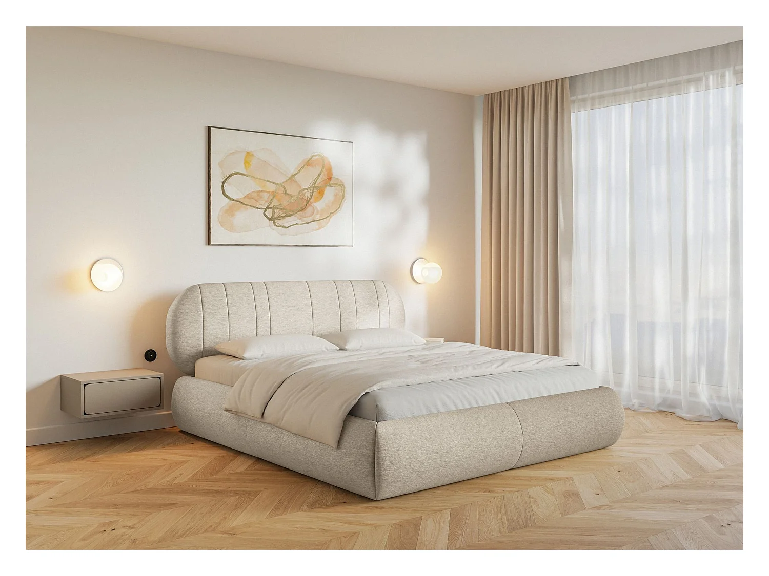 Lit rembourré - 140x200 cm - en tissu tressé beige - ASMELIO