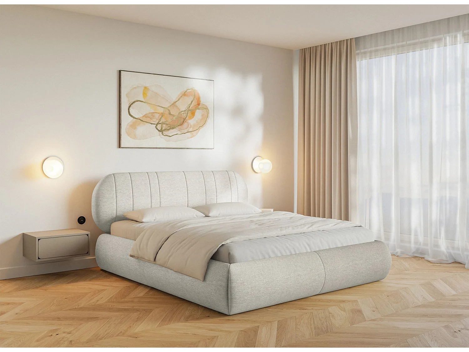 Gestoffeerd bed - 180x200 cm - in crèmekleurige geweven stof - ASMELIO